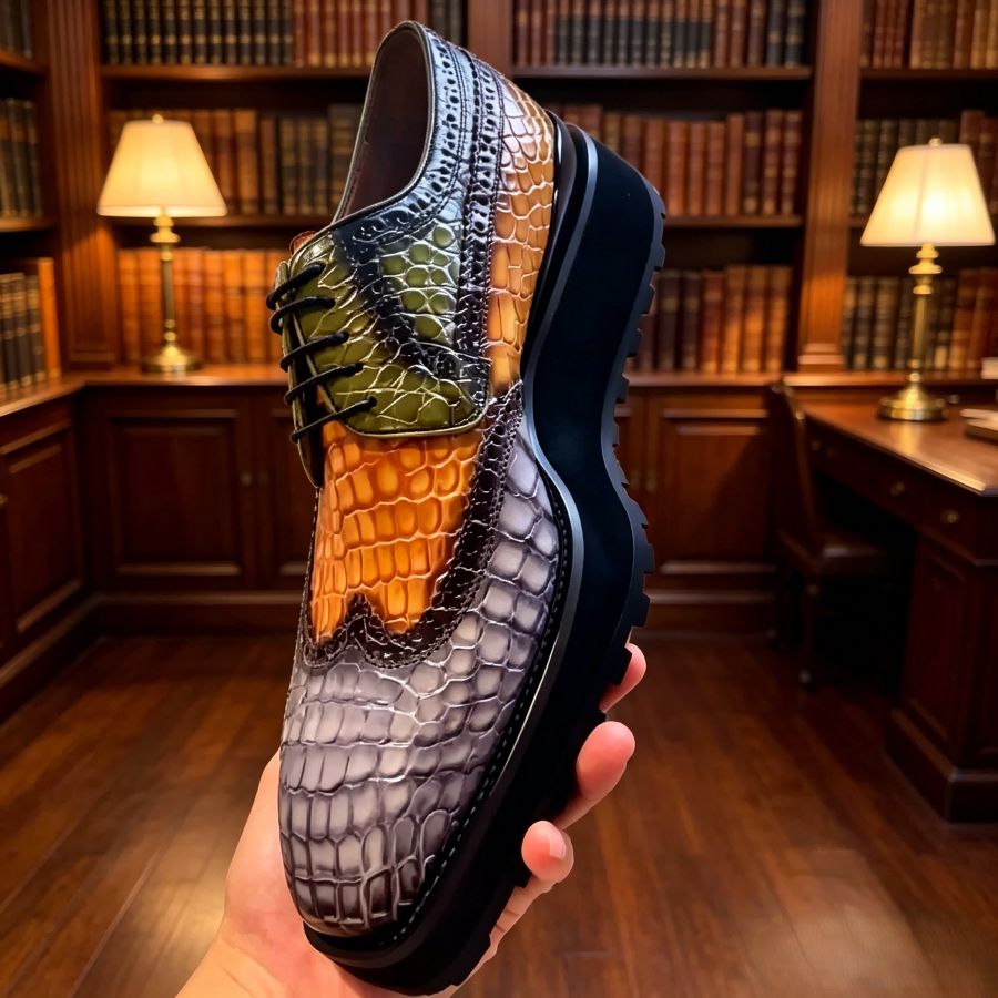 Chunky Sole Gradient Croc Leather Wingtip Oxfords