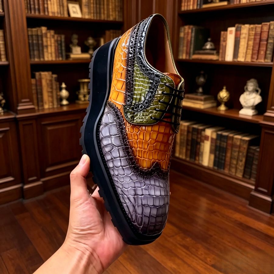 Chunky Sole Gradient Croc Leather Wingtip Oxfords