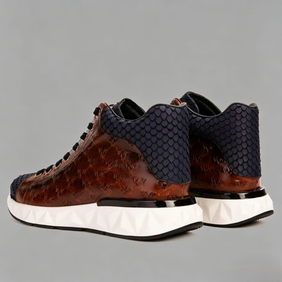 Men’s Two-Tone Cognac & Navy High-Top Sneakers with Embossed Leather