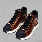 Men’s Two-Tone Cognac & Navy High-Top Sneakers with Embossed Leather