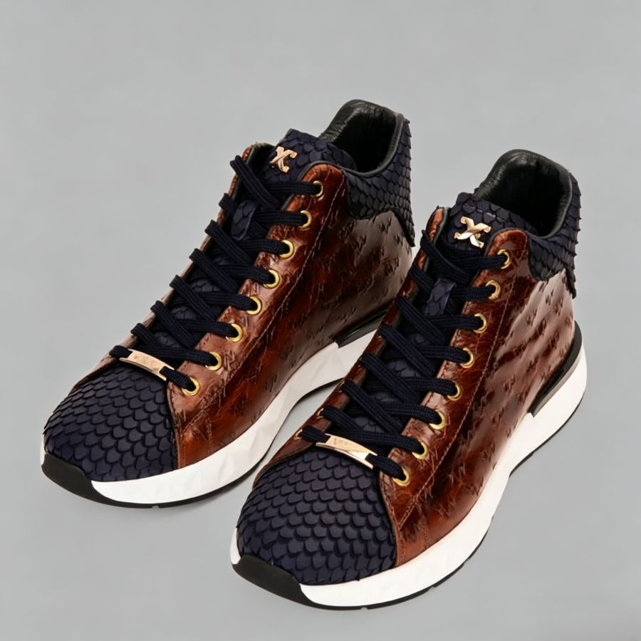 Men’s Two-Tone Cognac & Navy High-Top Sneakers with Embossed Leather