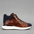 Men’s Two-Tone Cognac & Navy High-Top Sneakers with Embossed Leather