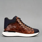 Men’s Two-Tone Cognac & Navy High-Top Sneakers with Embossed Leather