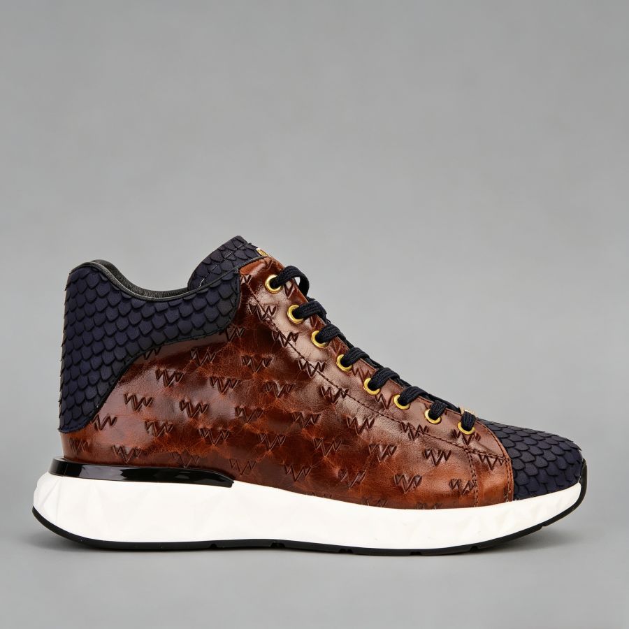 Men’s Two-Tone Cognac & Navy High-Top Sneakers with Embossed Leather