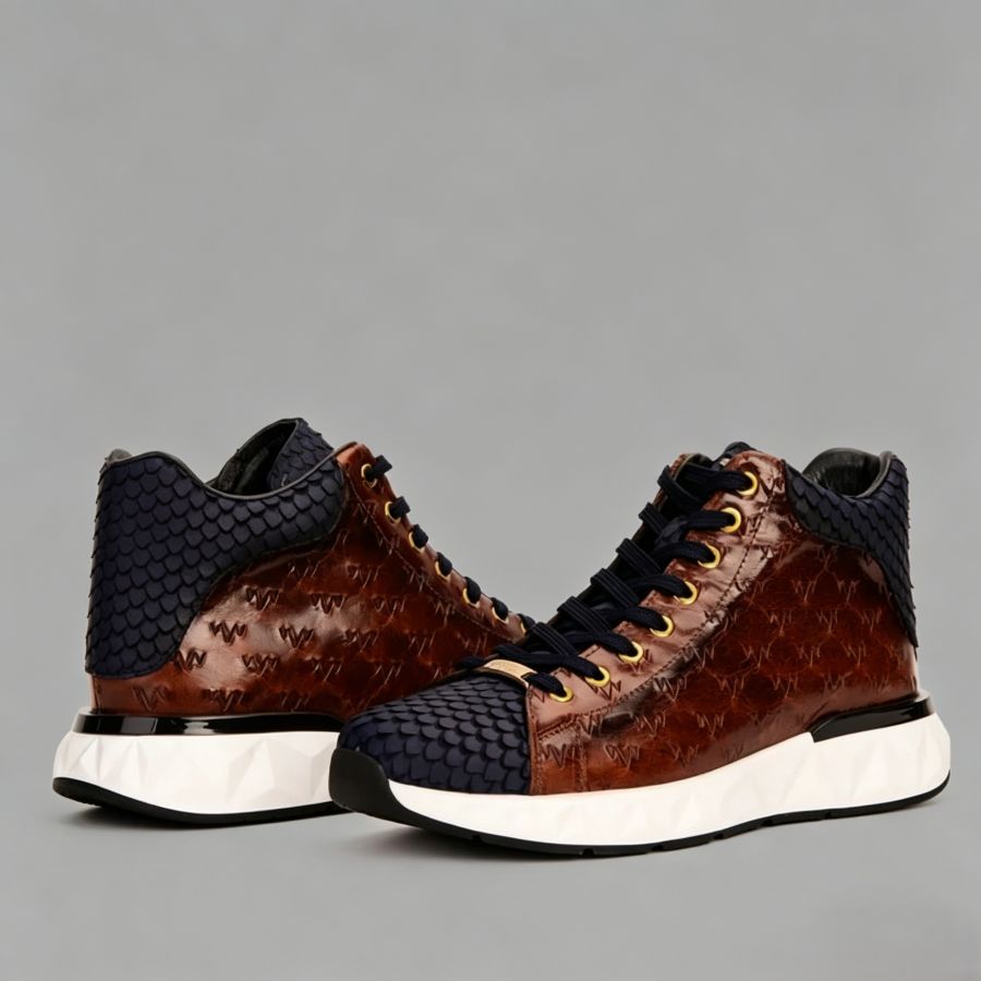 Men’s Two-Tone Cognac & Navy High-Top Sneakers with Embossed Leather