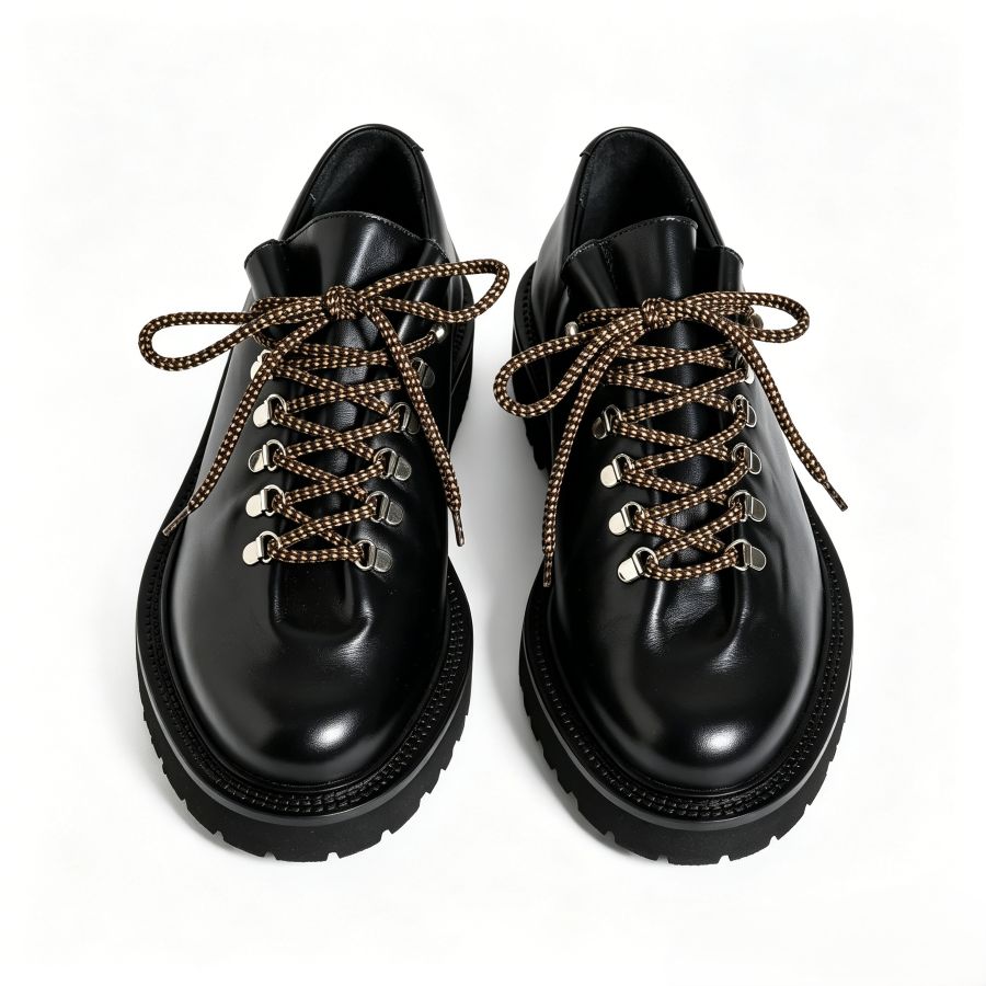 Men’s Black Polished Smooth Leather Low Top Hiking Derby Shoes
