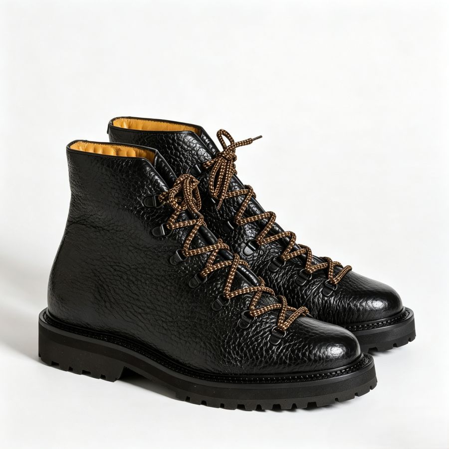 Men’s Black Pebbled Full Grain Leather Mid Top Hiking Boots