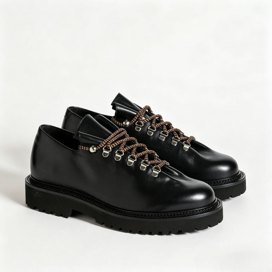 Men’s Black Polished Smooth Leather Low Top Hiking Derby Shoes