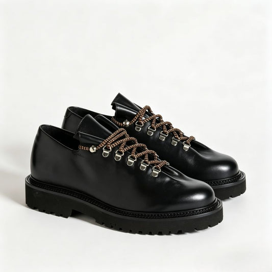 Men’s Black Polished Smooth Leather Low Top Hiking Derby Shoes