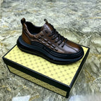 Men's Brown Crocodile-Patterned Leather Platform Sneakers