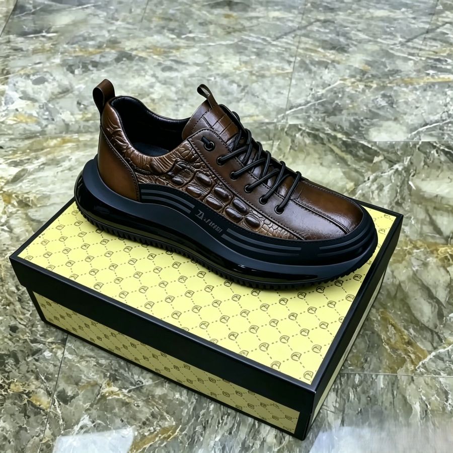 Men's Brown Crocodile-Patterned Leather Platform Sneakers