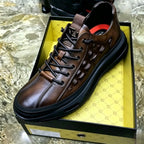 Men's Brown Crocodile-Patterned Leather Platform Sneakers