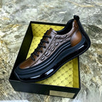 Men's Brown Crocodile-Patterned Leather Platform Sneakers