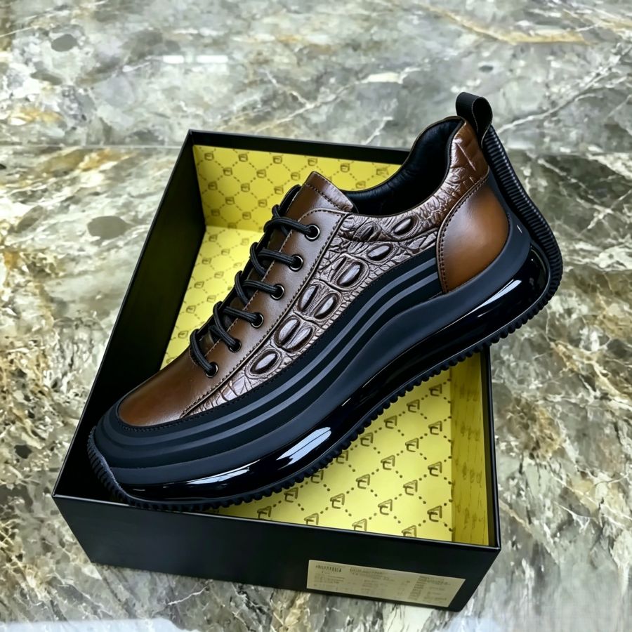 Men's Brown Crocodile-Patterned Leather Platform Sneakers