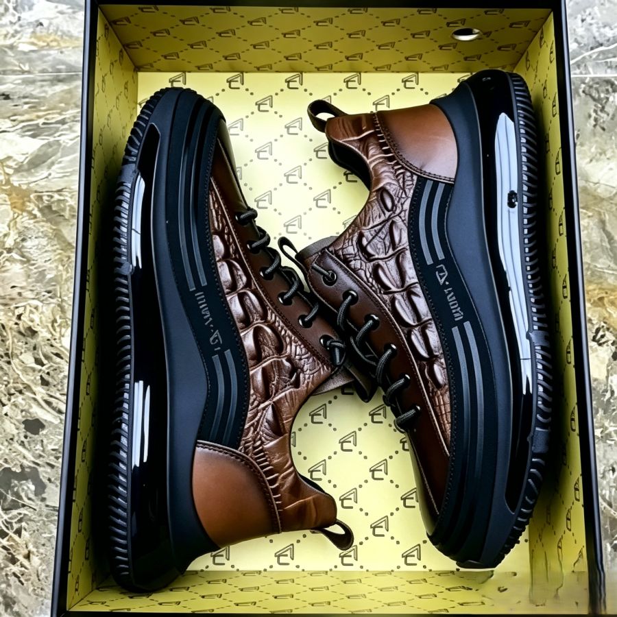 Men's Brown Crocodile-Patterned Leather Platform Sneakers