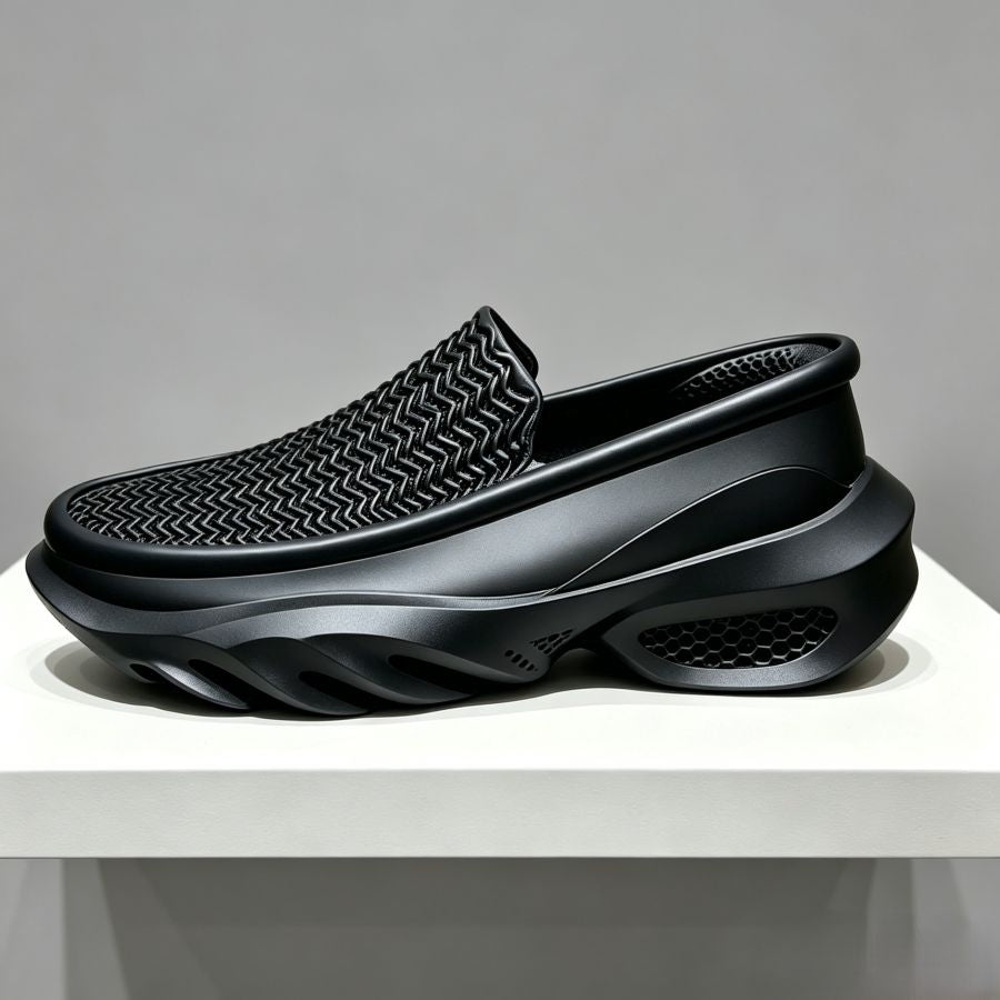 Men's Black Woven Slip-On Chunky Sneakers | Breathable Platform Shoes