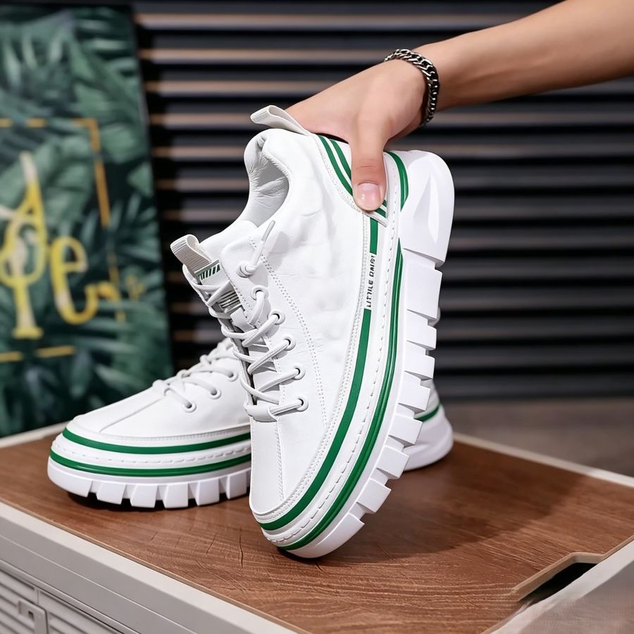 Men's White & Green Striped Platform Casual Sneakers
