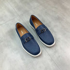 Luxury Navy Pebble Grain Leather Loafers With CD Metal Buckle