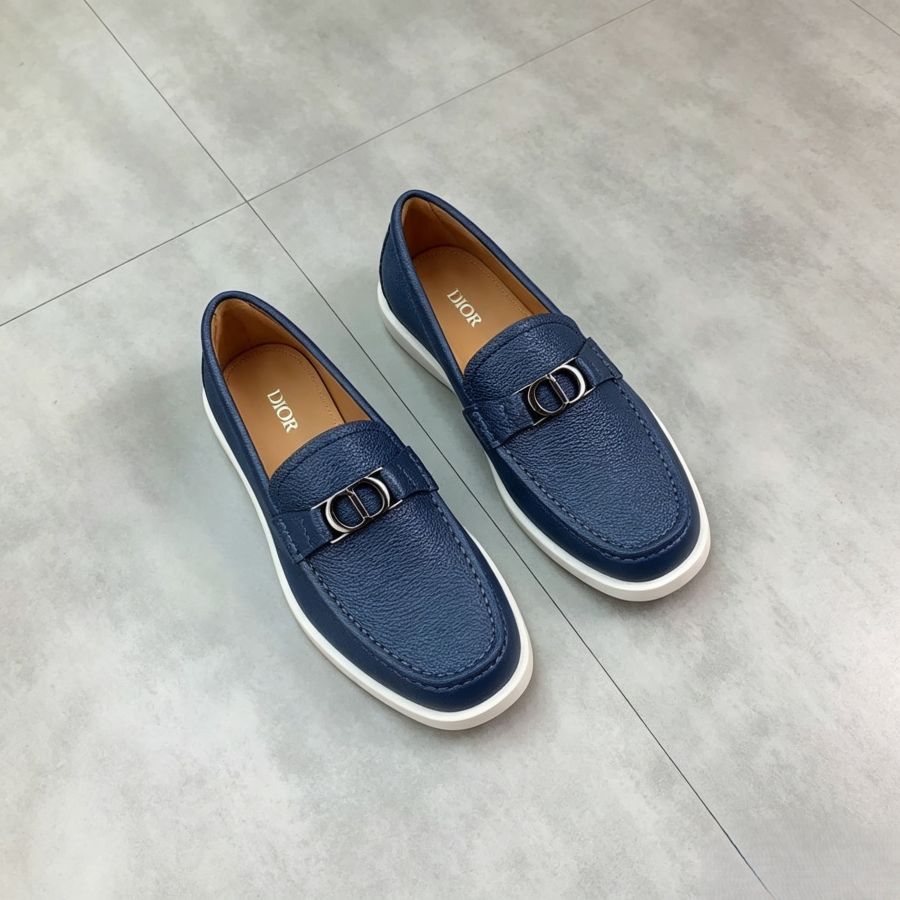 Luxury Navy Pebble Grain Leather Loafers With CD Metal Buckle
