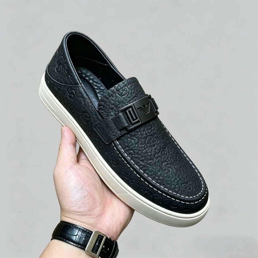 Men's Black Embossed Leather Loafers with Metal Buckle