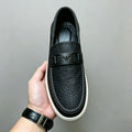 Men's Black Embossed Leather Loafers with Metal Buckle