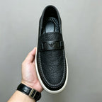 Men's Black Embossed Leather Loafers with Metal Buckle