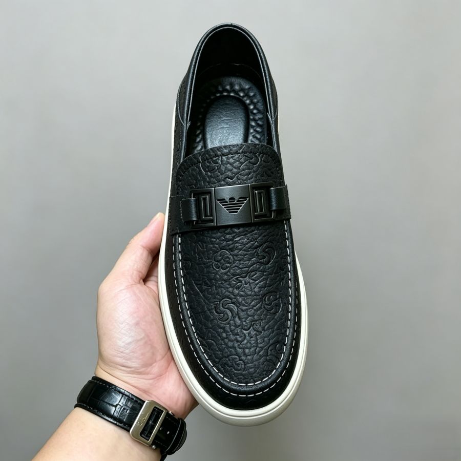 Men's Black Embossed Leather Loafers with Metal Buckle