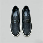 Men's Black Embossed Leather Loafers with Metal Buckle