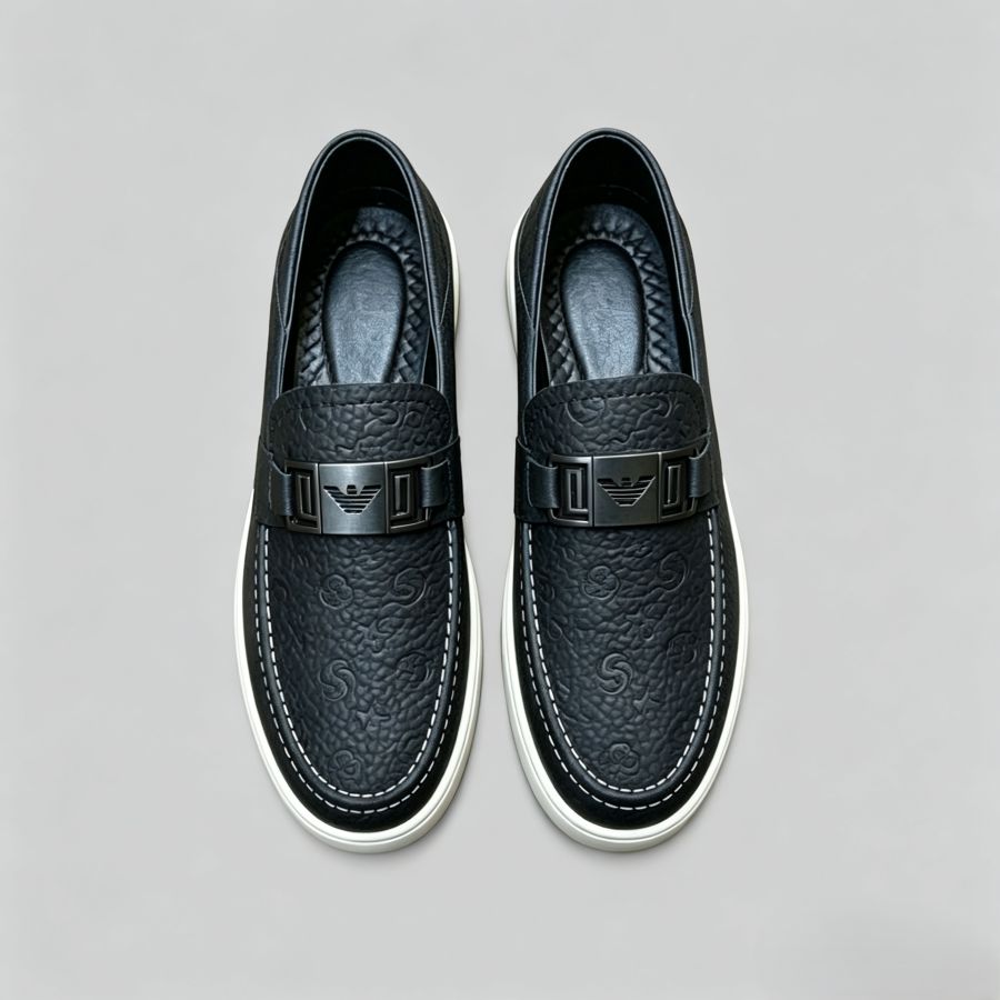 Men's Black Embossed Leather Loafers with Metal Buckle