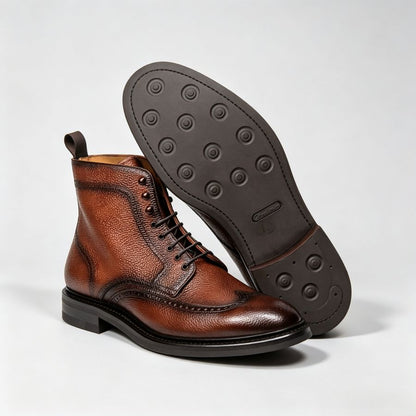 Artisan Hand Burnished Pebble Grain Leather Wingtip Brogue Ankle Dress Boots