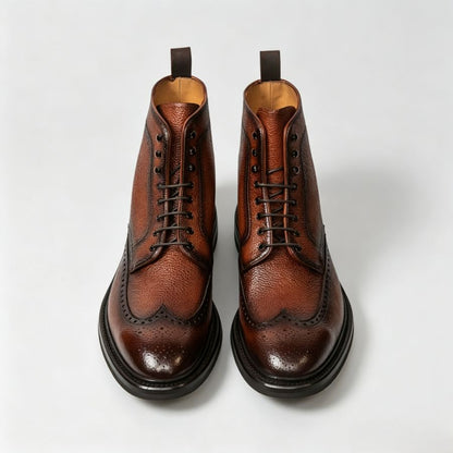 Artisan Hand Burnished Pebble Grain Leather Wingtip Brogue Ankle Dress Boots