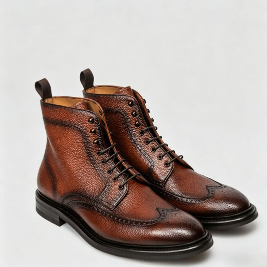Artisan Hand Burnished Pebble Grain Leather Wingtip Brogue Ankle Dress Boots