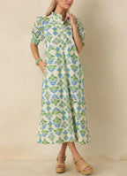 Ruffled Neck Block Print Midi Dress