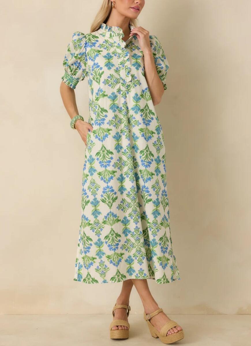 Ruffled Neck Block Print Midi Dress