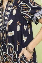 Navy Pineapple Tropical Print Puff Sleeve Midi Dress