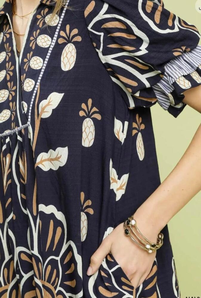 Navy Pineapple Tropical Print Puff Sleeve Midi Dress