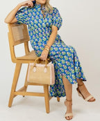 Blue Puff Sleeve Floral Cotton Shirt Dress