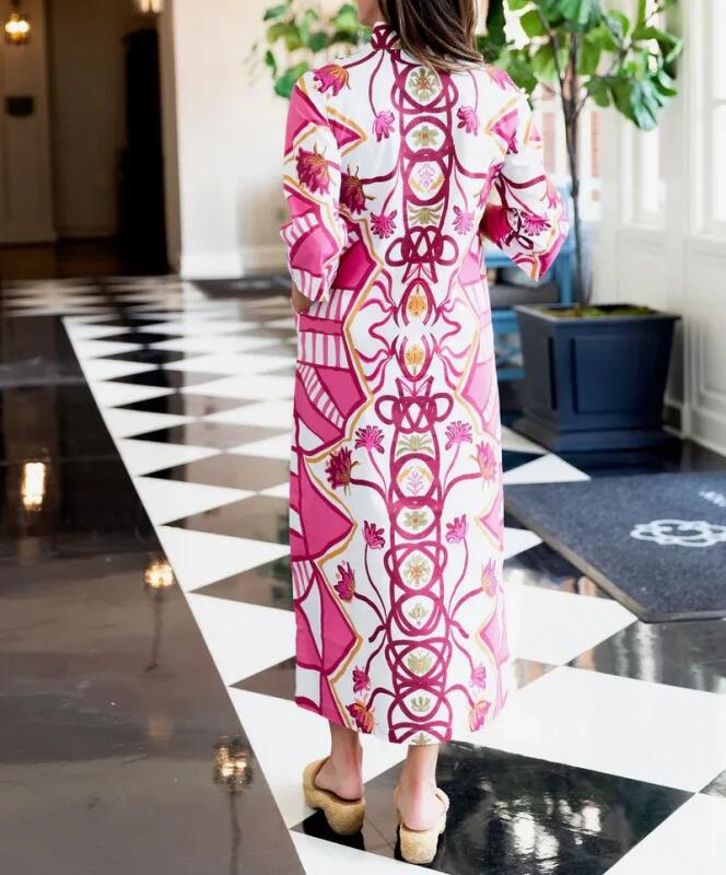Hot Pink Geometric Print Caftan Maxi Dress