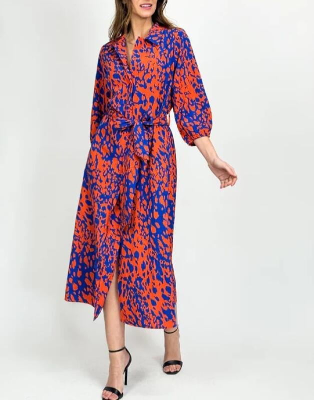 Cobalt & Orange Abstract Print Shirt Midi Dress