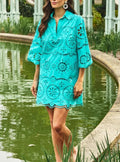 Turquoise Eyelet Embroidered Shirt Dress