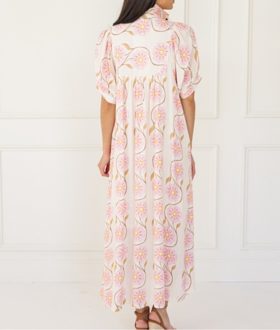 Cream Pink Daisy Print Puff Sleeve Maxi Dress
