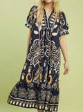 Navy Pineapple Tropical Print Puff Sleeve Midi Dress