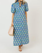 Blue Puff Sleeve Floral Cotton Shirt Dress