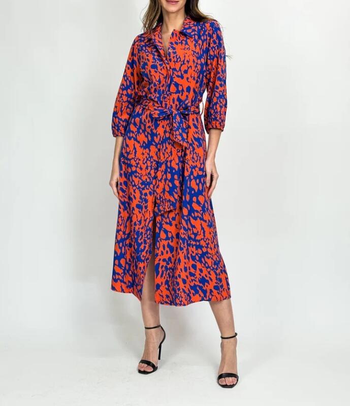 Cobalt & Orange Abstract Print Shirt Midi Dress