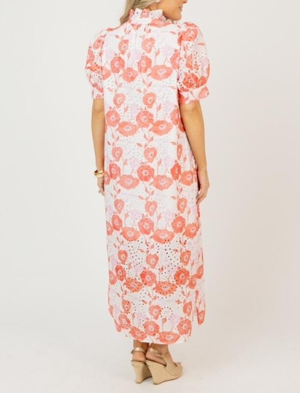 Coral Floral Eyelet Button-Down Midi Dress