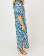 Blue Puff Sleeve Floral Cotton Shirt Dress