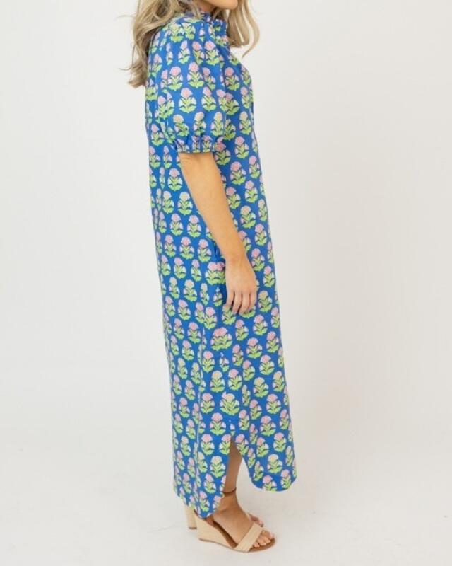 Blue Puff Sleeve Floral Cotton Shirt Dress