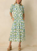 Ruffled Neck Block Print Midi Dress