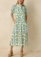Ruffled Neck Block Print Midi Dress