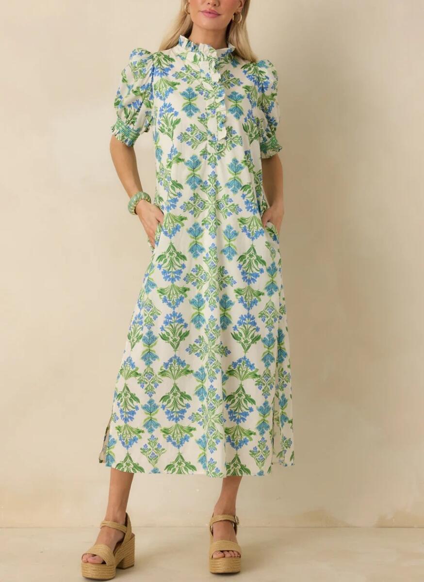 Ruffled Neck Block Print Midi Dress